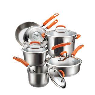 Rachael Ray Stainless Steel 10-Piece Cookware Set, Silver with Orange