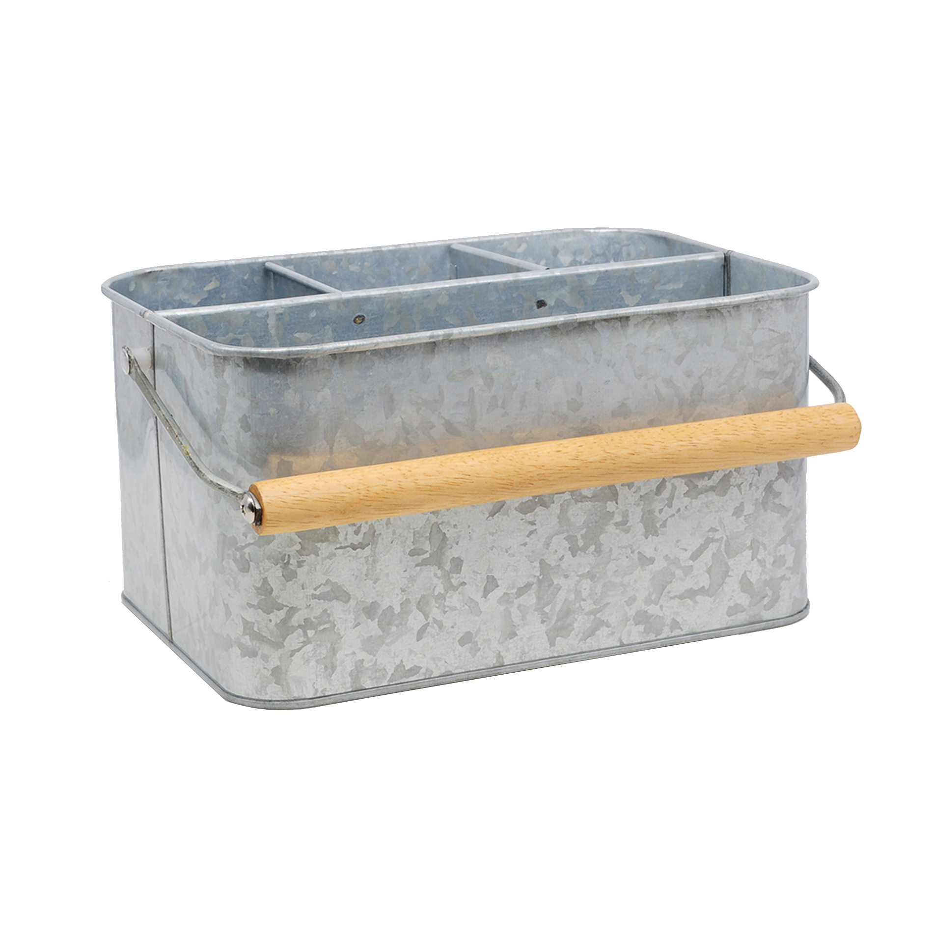 Essential Home Aged Galvanized Steel Flatware Caddy W/Wood Handle