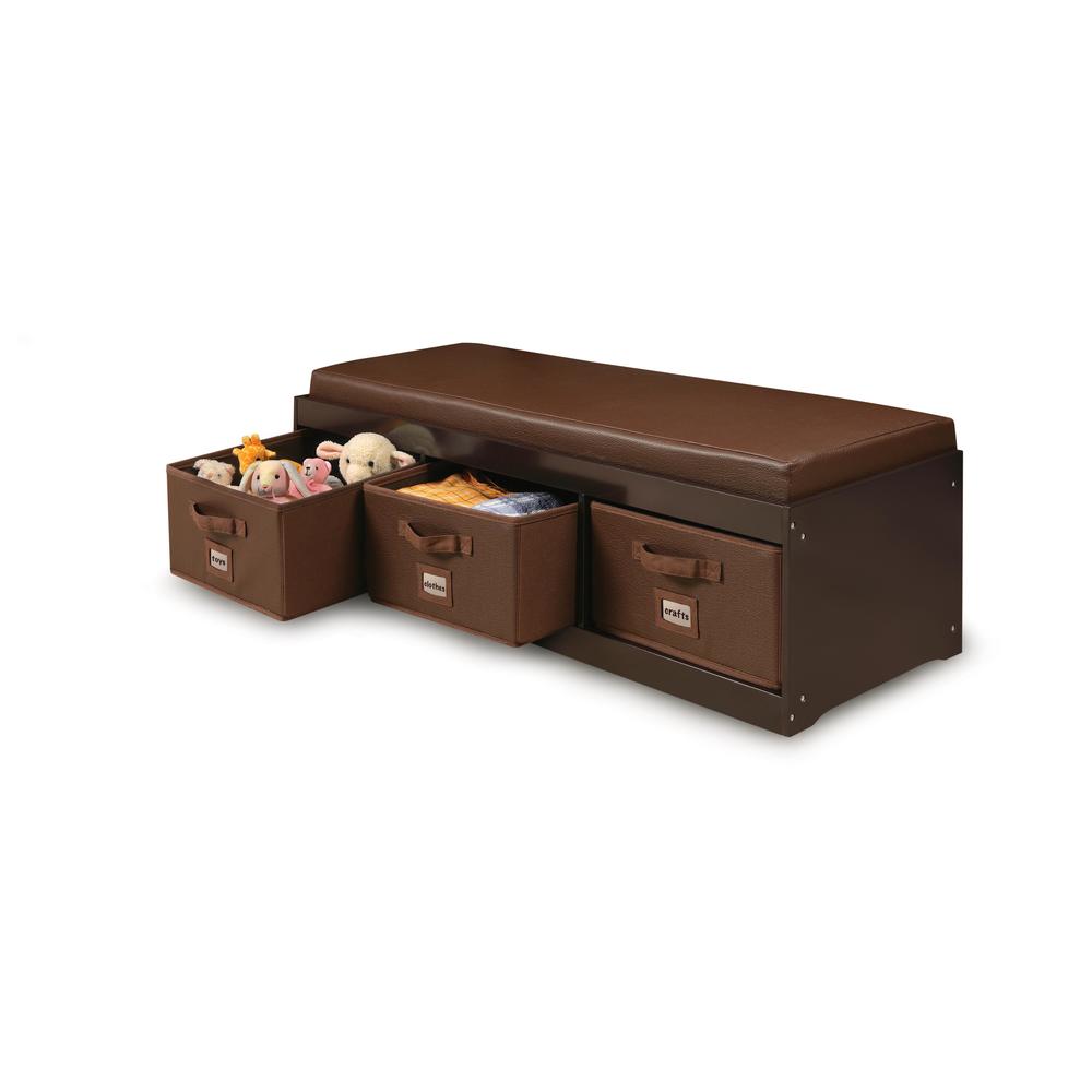 Badger Basket Kid's Storage Bench with Cushion and Three Bins - Espresso