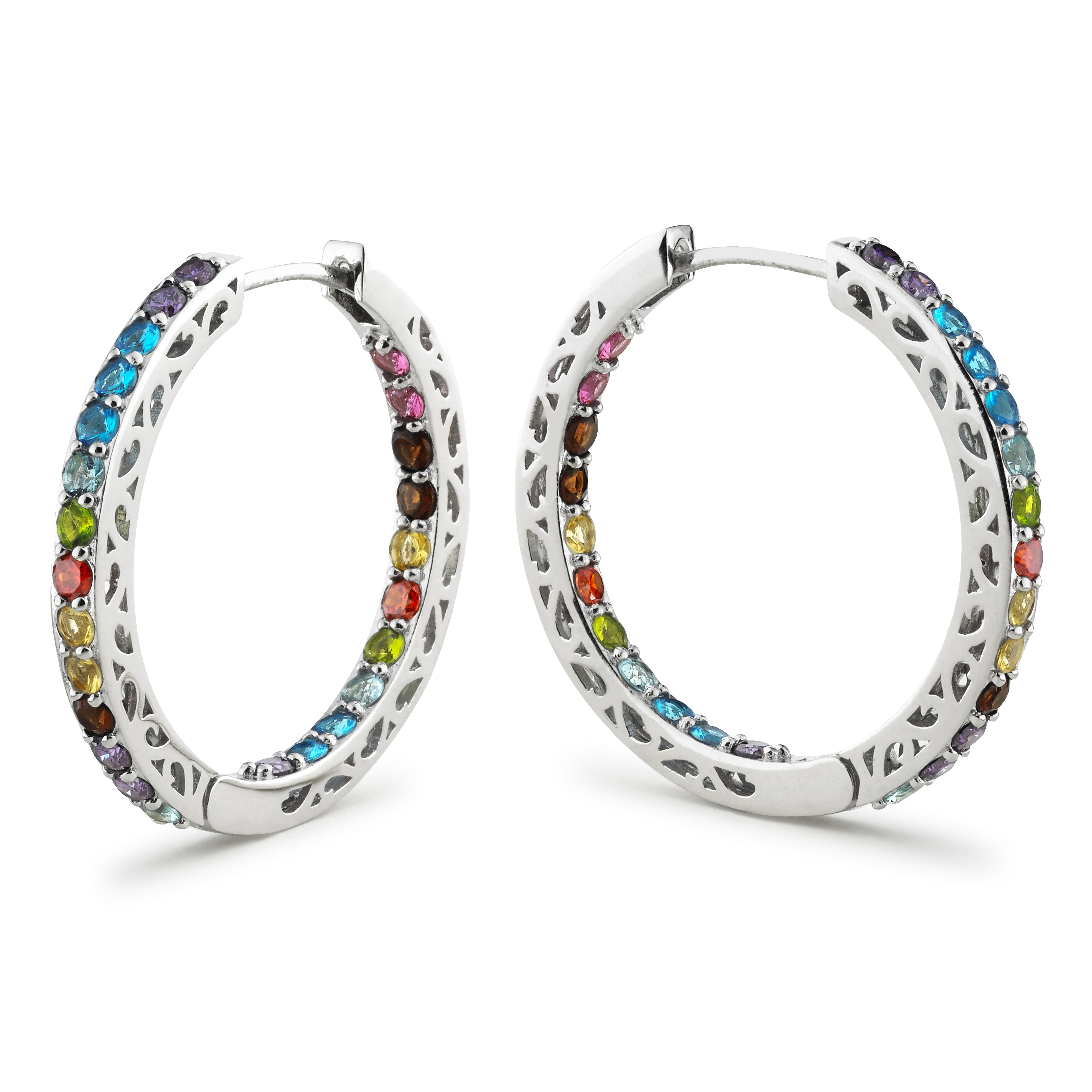 Multi Colored Cubic Zirconia Hoop Earrings in Sterling Silver