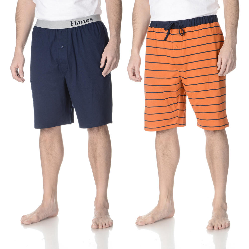 Men's 2pk Solid Navy/Orange Strip Print Knit Shorts - Online Exclusive