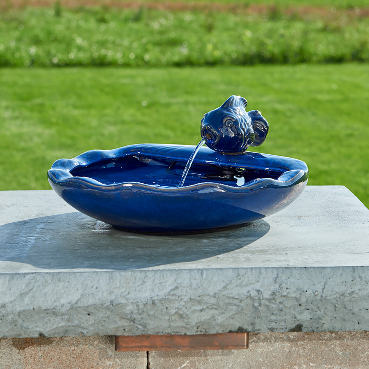 Smart Solar Spouting Koi Ceramic Fountain Blue Glaze