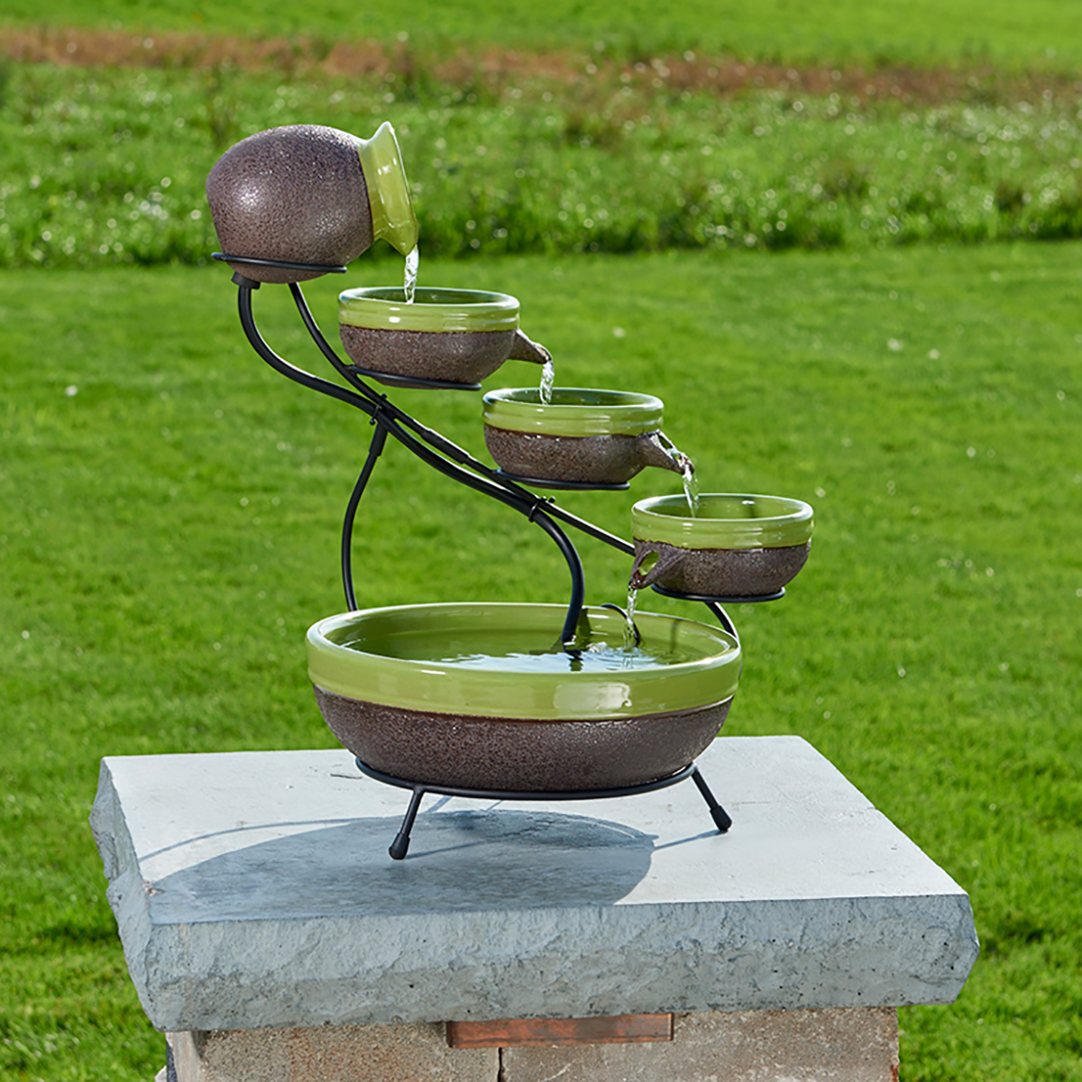 Smart Solar  4 Tier Cascade Ceramic Fountain - Kiwi & Rustic Brown Finish