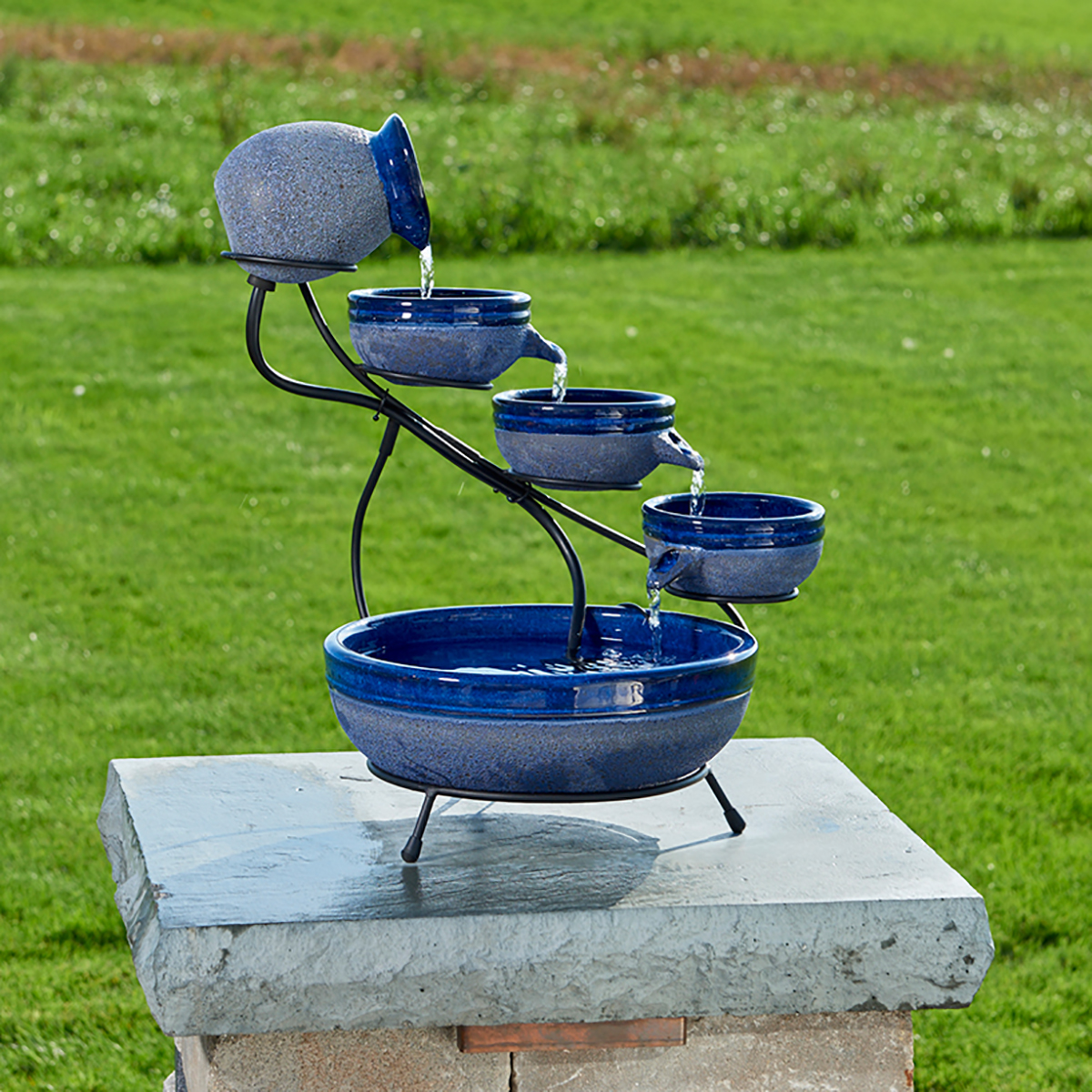 Smart Solar  4 Tier Cascade Ceramic Fountain - Blueberry & Rustic Blue Finish