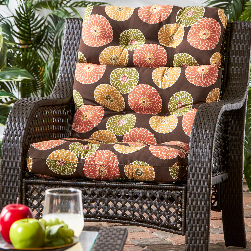 Outdoor High Back Chair Cushion, Flowers on Chocolate