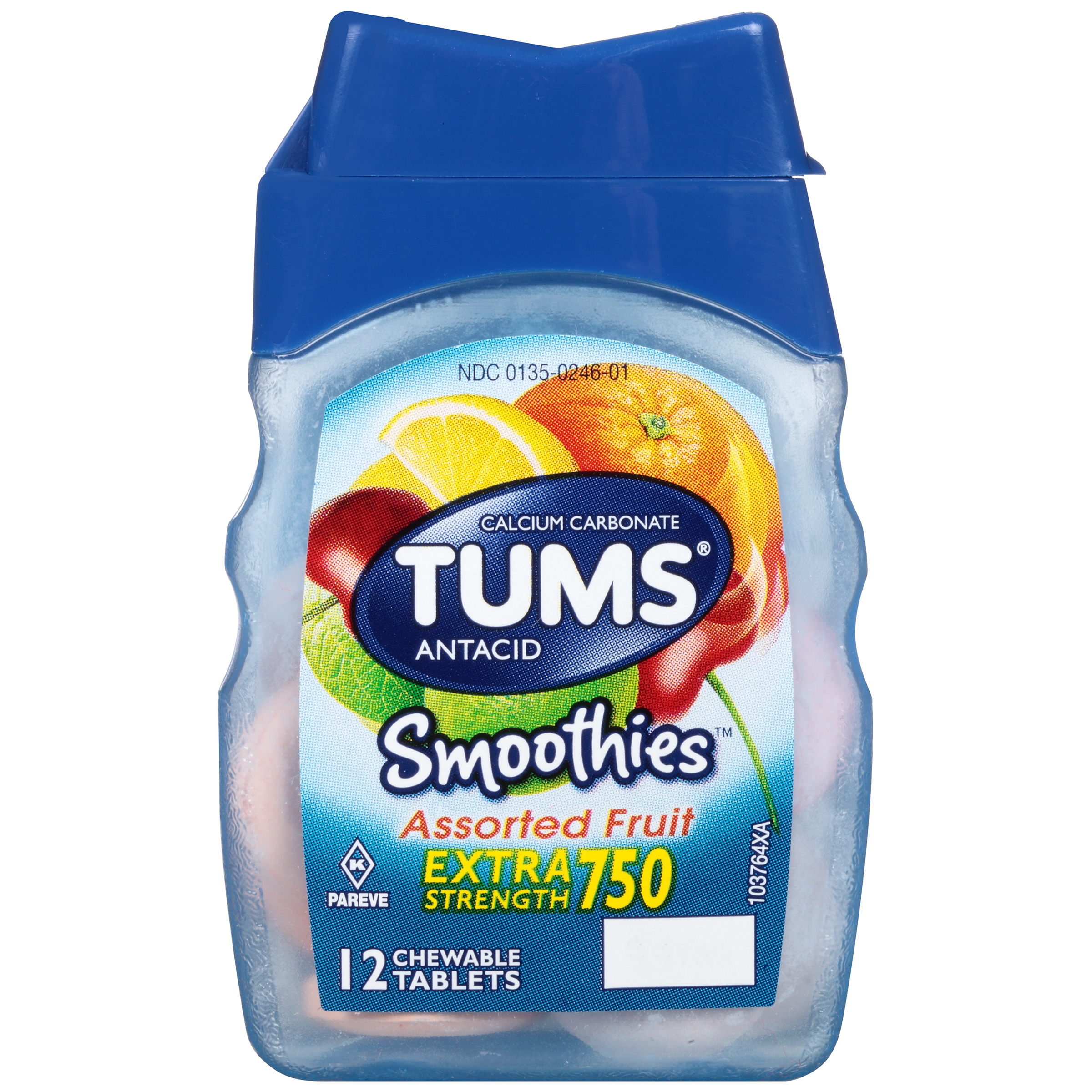 Tums Smoothies Antacid, Extra Strength 750, Assorted Fruit, Chewable