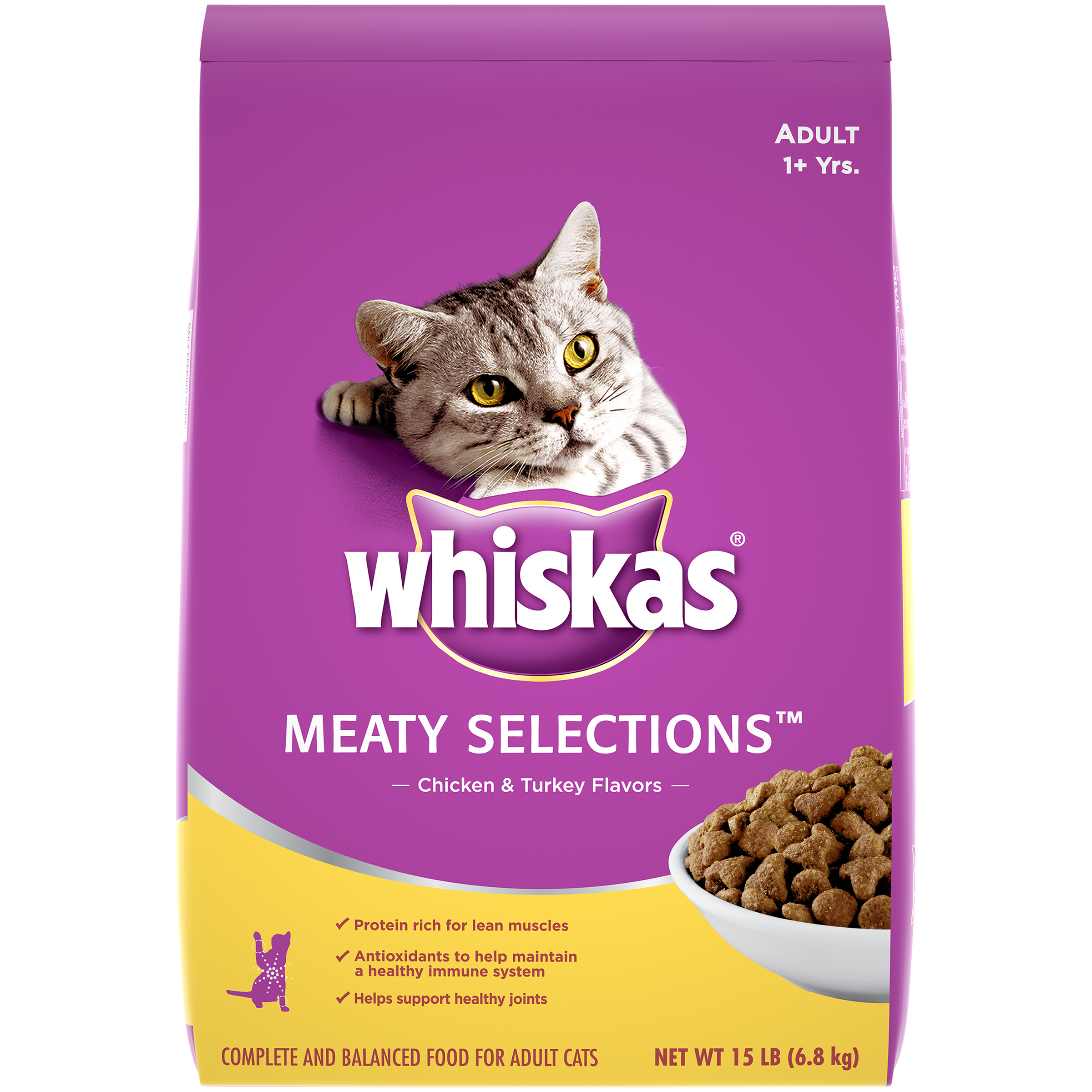 Whiskas Dry Cat Food Meaty Selections Chicken & Turkey 15 lb. Bag Pet