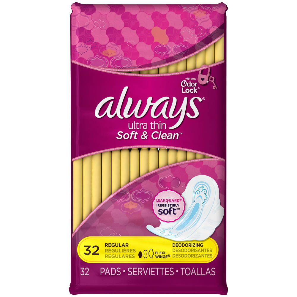Ultra Always Ultra Thin Soft & Clean pads Regular with Flexi-Wings deodorizing 32 Count Feminine Care