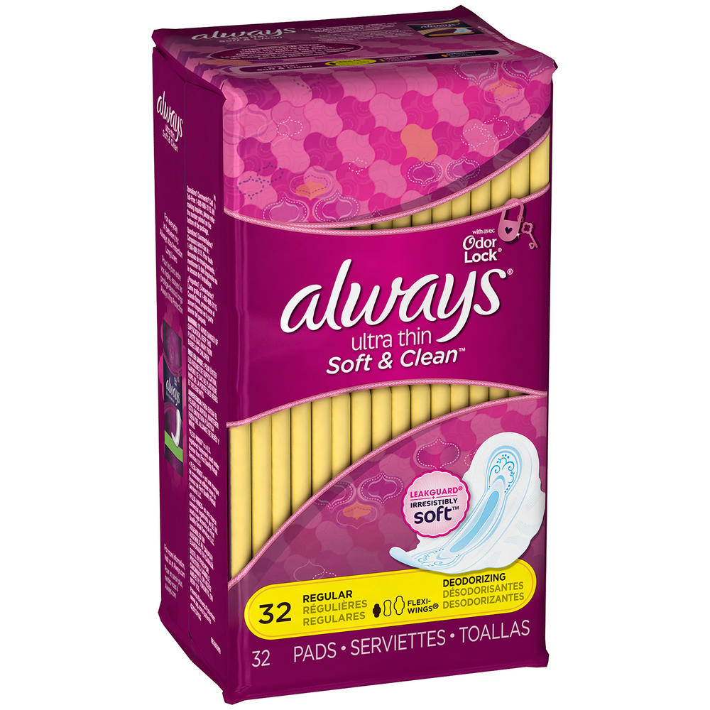 Ultra Always Ultra Thin Soft & Clean pads Regular with Flexi-Wings deodorizing 32 Count Feminine Care