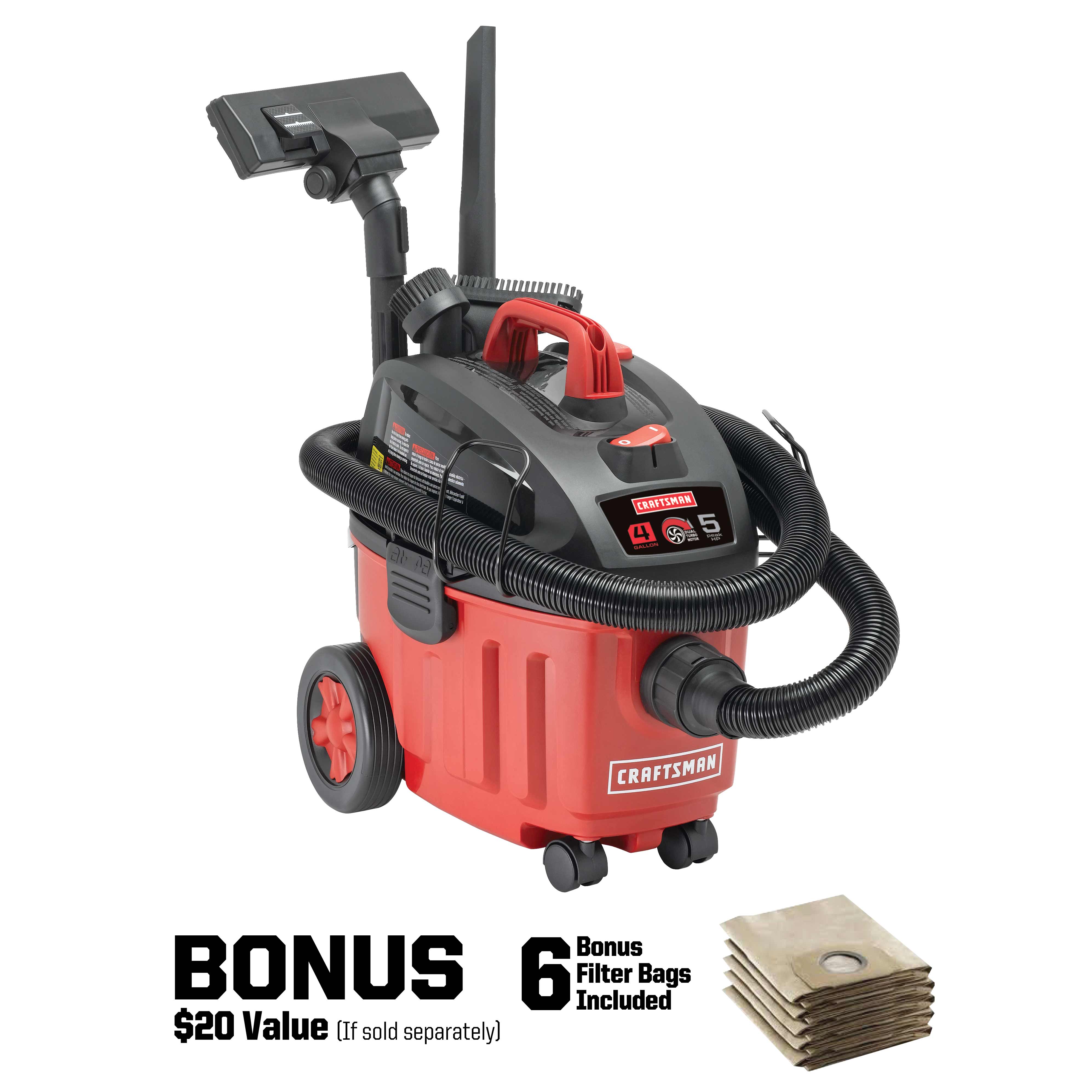 Craftsman UltraQuiet 4 Gallon 5 Peak HP Portable Household Wet/Dry Vac with 6 BONUS Filter Bags