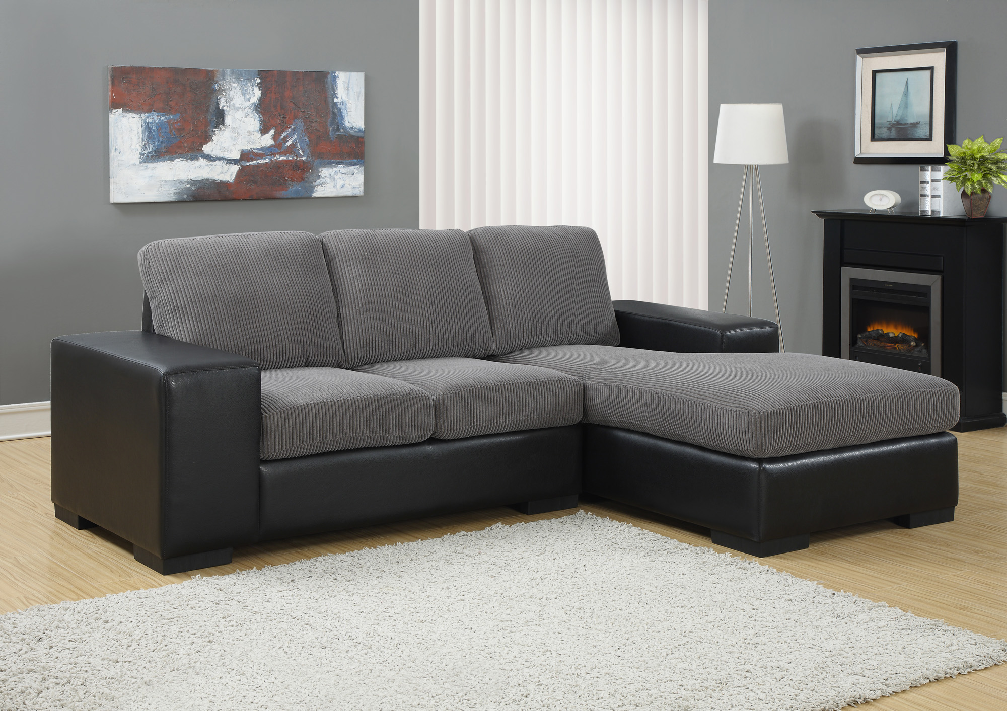 Monarch Specialties SOFA LOUNGER GREY CORDUROY WITH BLACK
