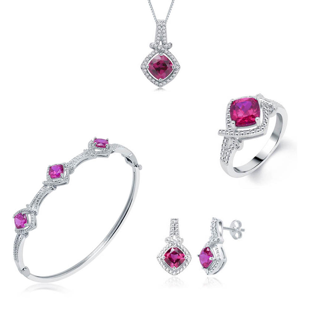 Brass Four Pcs Jewelry Set with Created Ruby and White Diamond
