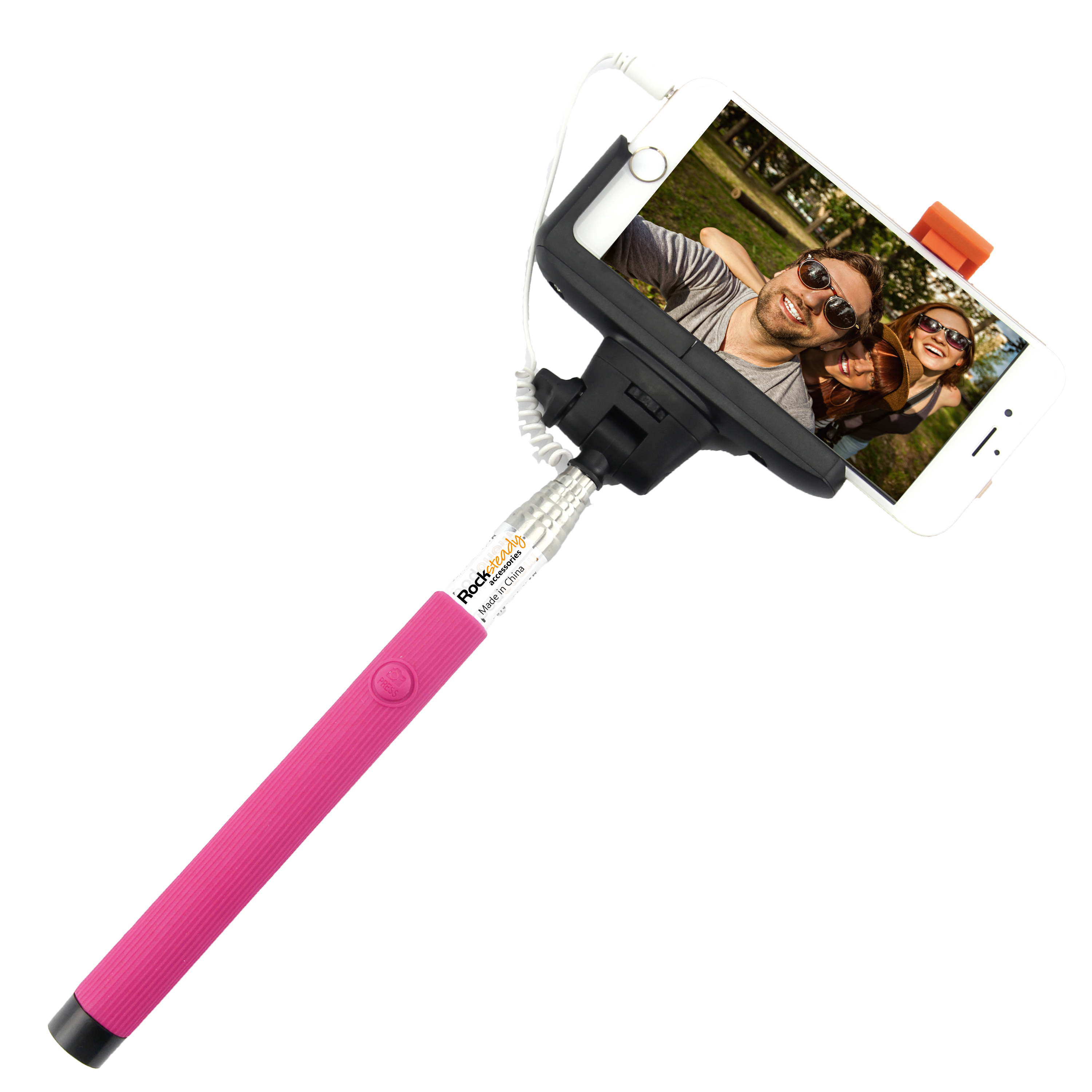 Rocksteady Selfie-WRD-Pink Wired Selfie Stick with Wired Control Pink
