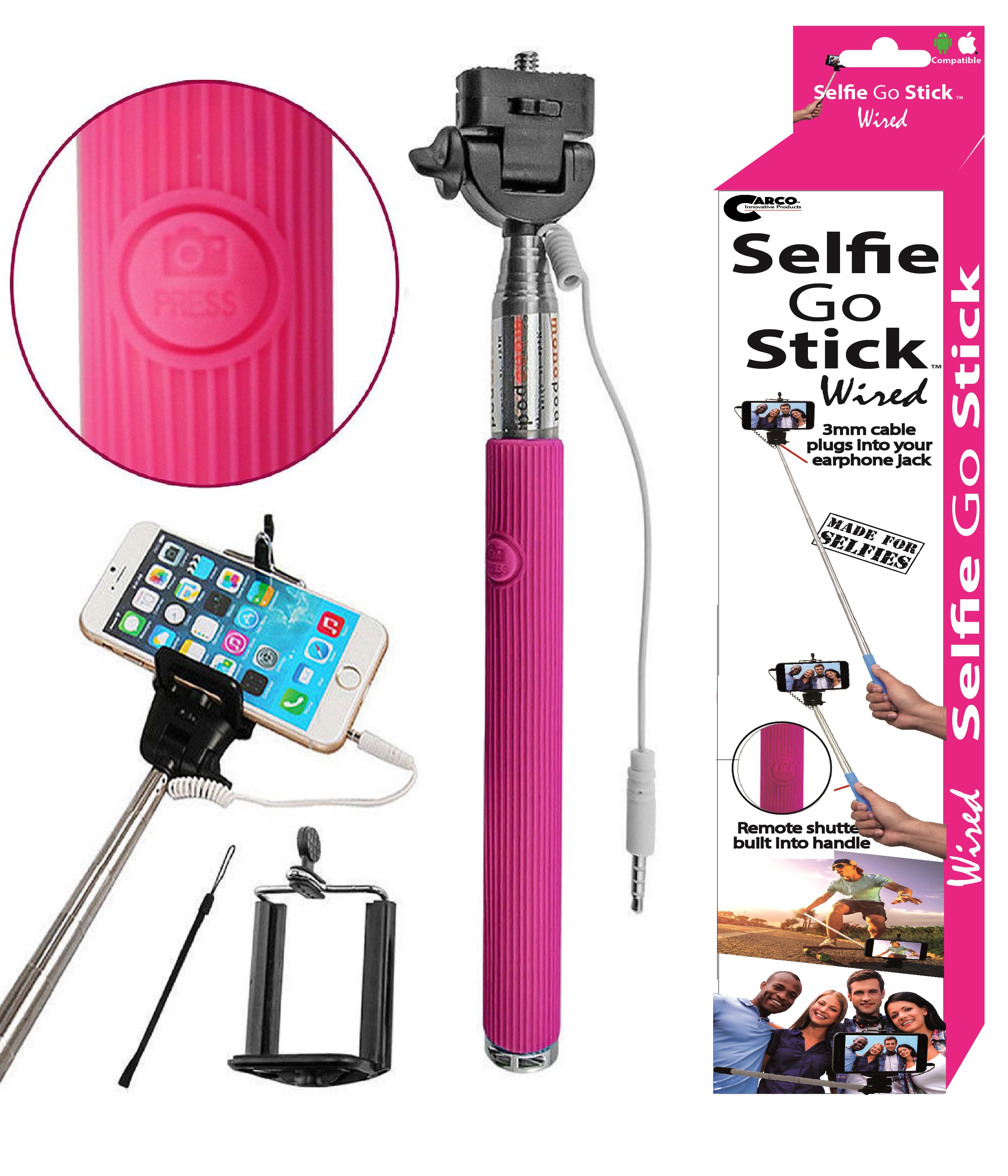 Carco Selfie Go Sticks Wired Selfie Stick WSS03 Pink