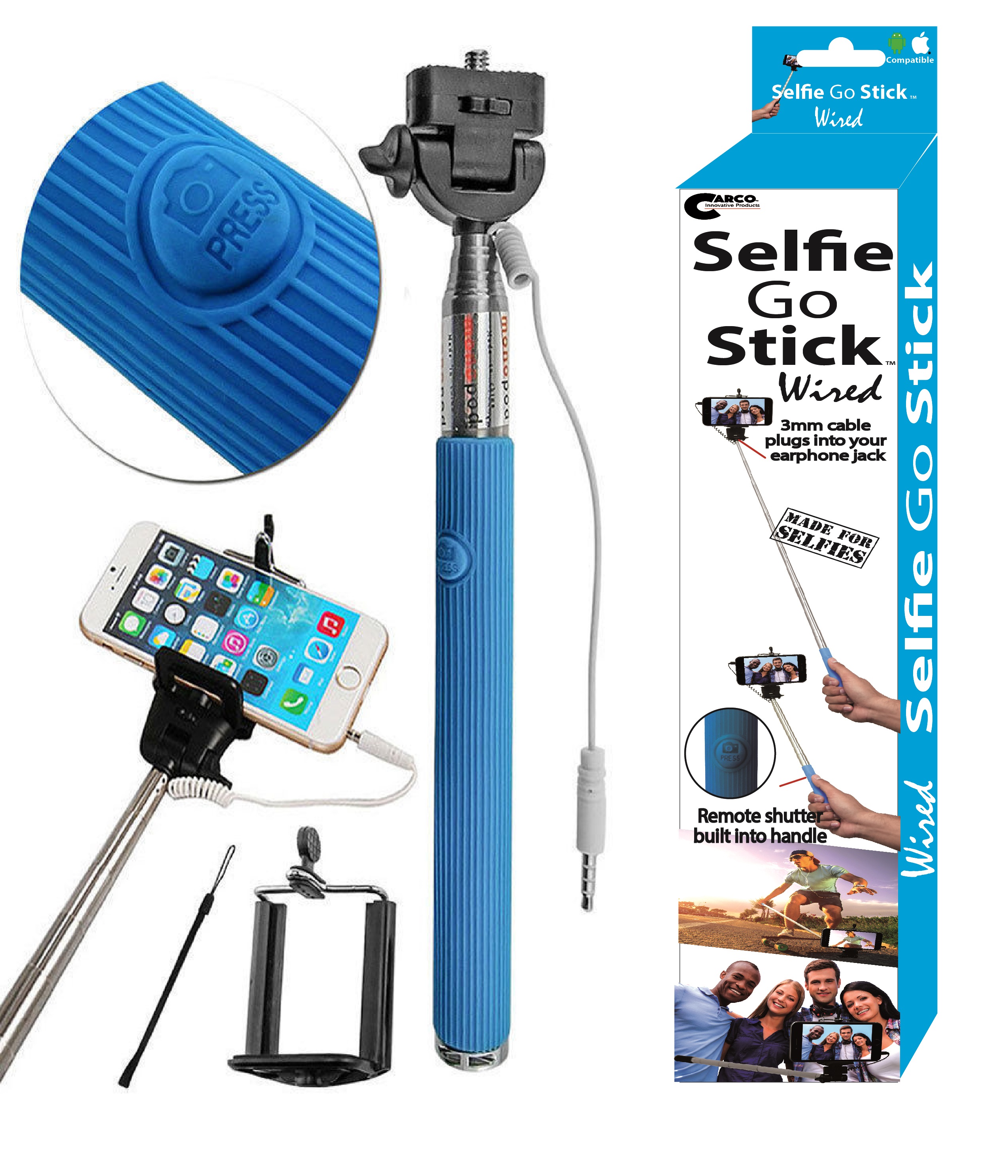 Carco Selfie Go Sticks Wired Selfie Stick WSS03 Blue