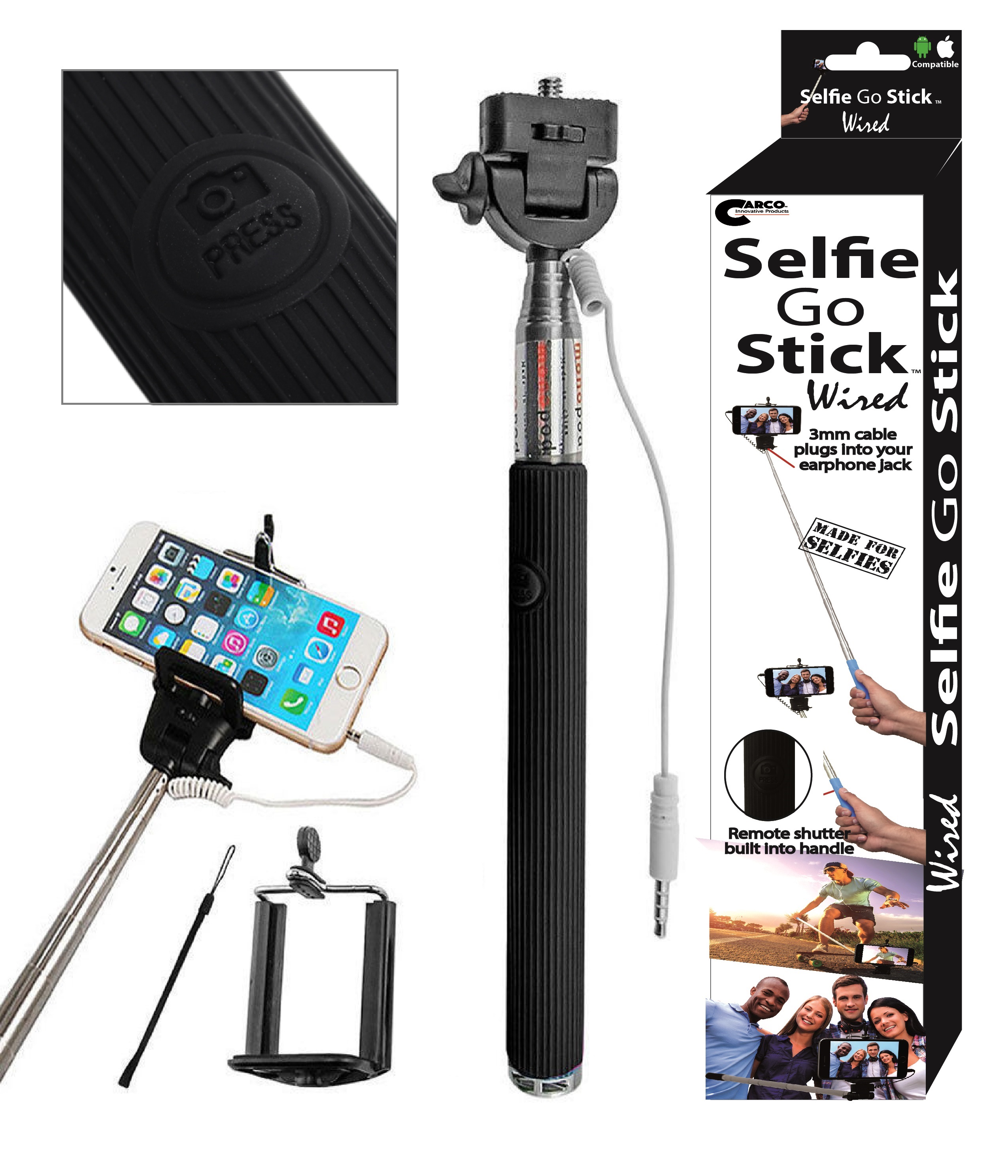 Carco Selfie Go Sticks Wired Selfie Stick WSS03 Black