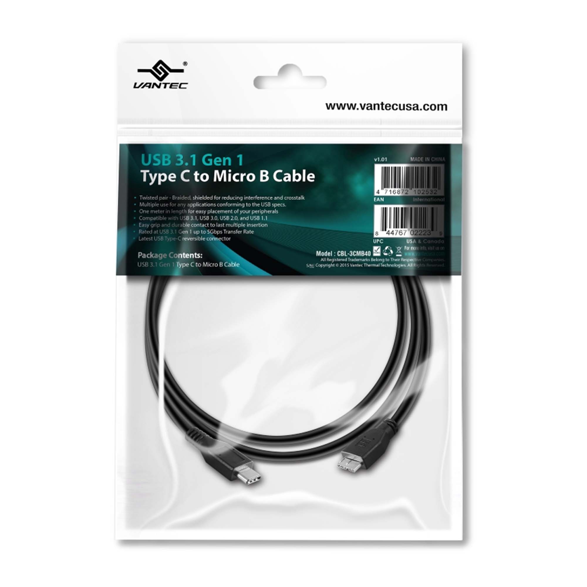Vantec USB 3.1 Gen 1 Type-C To Type-B Cable (CBL-3CB40) - For External Hard Drives & Peripherals