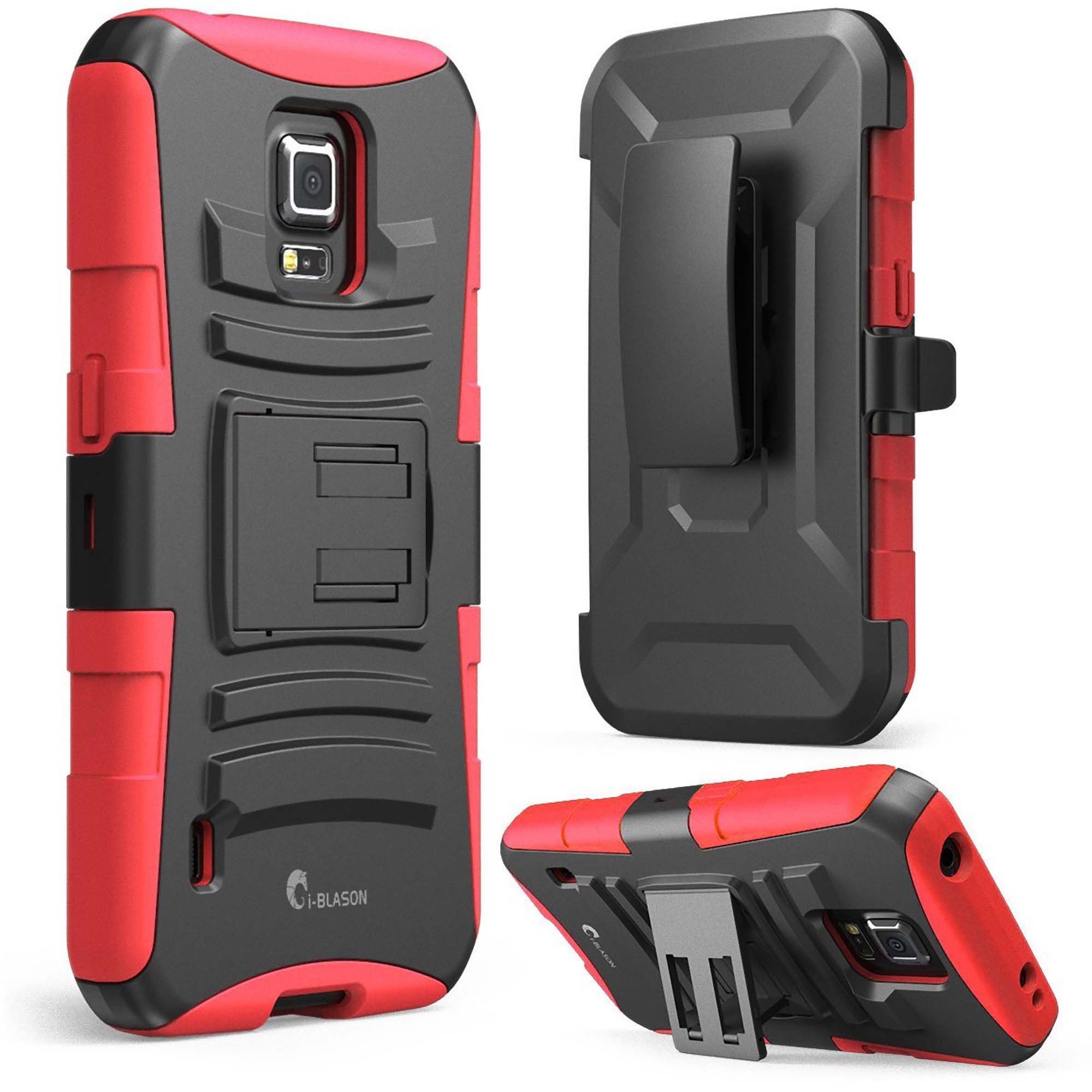 i-BLASON S5Active-Prime-Red Galaxy S5 Dual Layer Holster Case with Kickstand and Locking Belt Swivel Clip for Samsung Galaxy S5