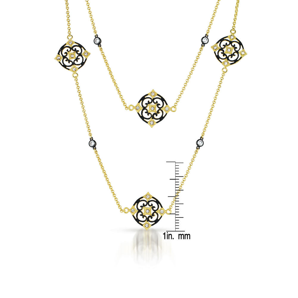 Cubic Zirconia (.925) Sterling Silver Black And Gold Lace Deco Necklace