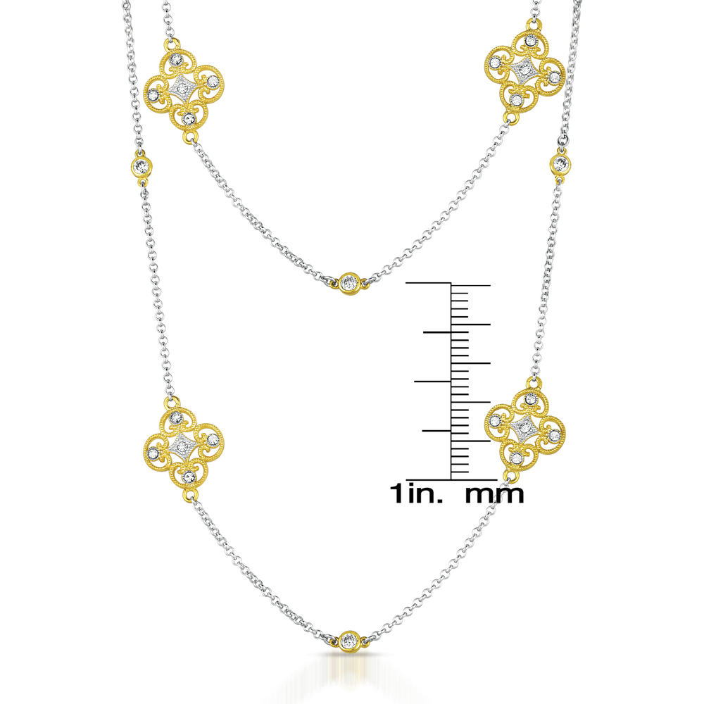 Cubic Zirconia (.925) Sterling Silver Gold and Rhodium Lace Deco Necklace