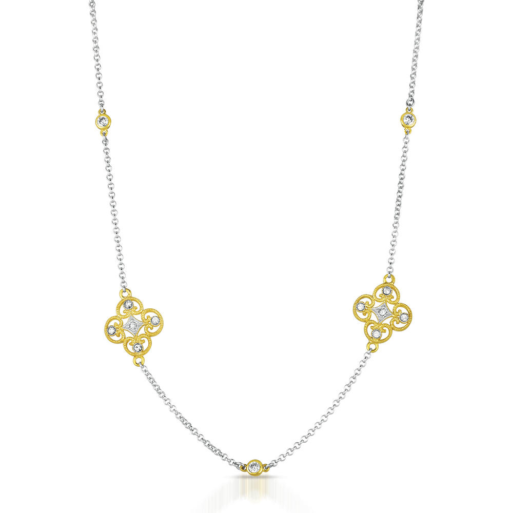 Cubic Zirconia (.925) Sterling Silver Gold and Rhodium Lace Deco Necklace
