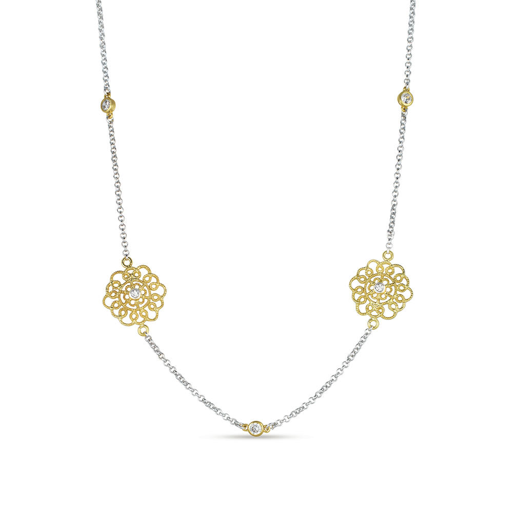 Cubic Zirconia (.925) Sterling Silver Gold Plated Lace Flower Necklace