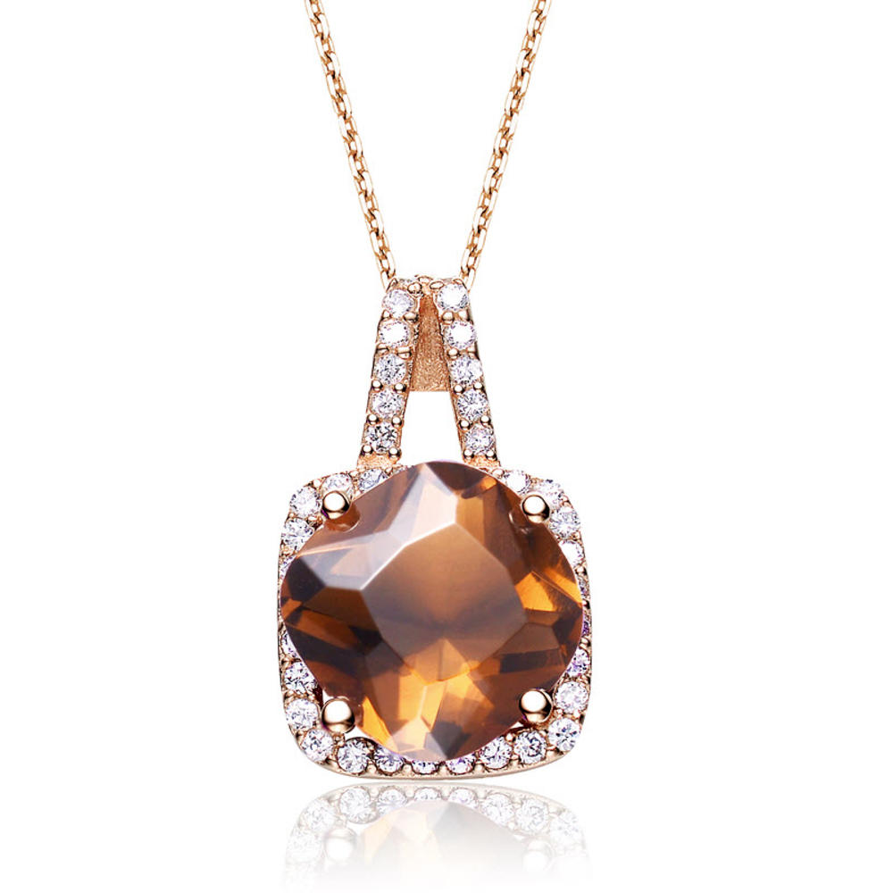 Cubic Zirconia (.925) Sterling Silver Rose Plated Smokey Topaz Square Pendant
