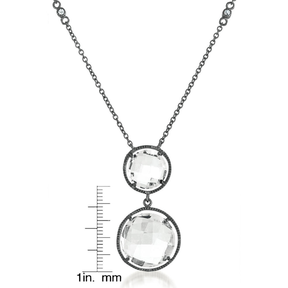 Sterling Silver Black Plated Double Round Drop Clear Quartz Necklace