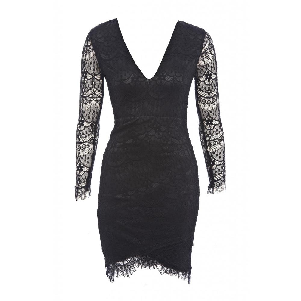 AX Paris Women's V Front Lace Bodycon Black Dress - Online Exclusive