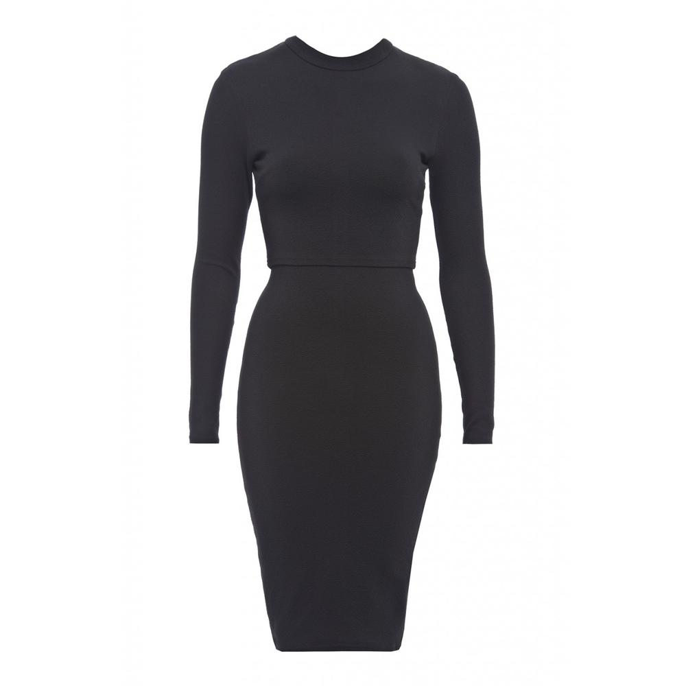 AX Paris Women's Long Sleeved Textured Bodycon Black Dress - Online Exclusive