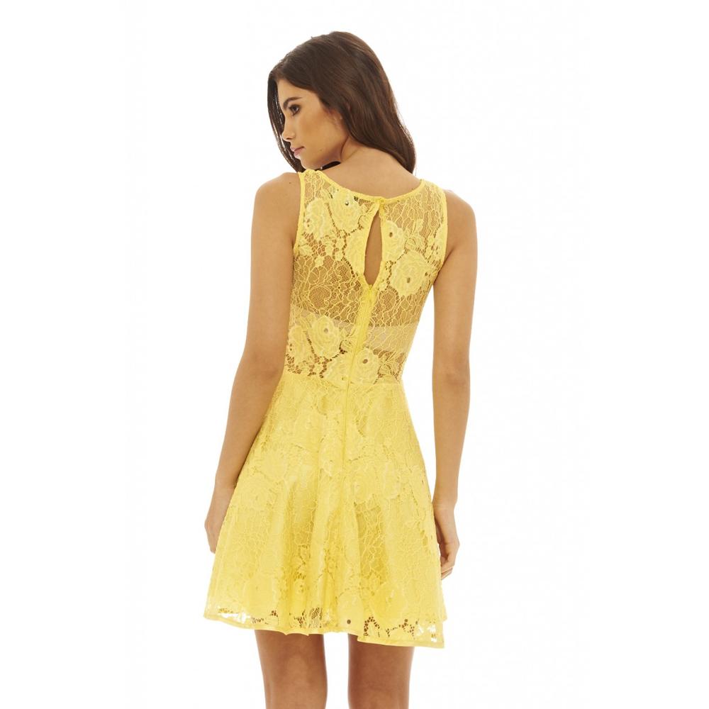 AX Paris Women's All Over Lace Skater   Yellow Dress - Online Exclusive