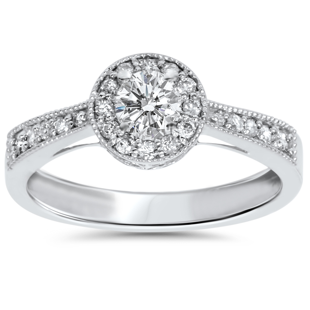 1/2CT Vintage Style Halo Diamond Engagement Ring 14K White Gold