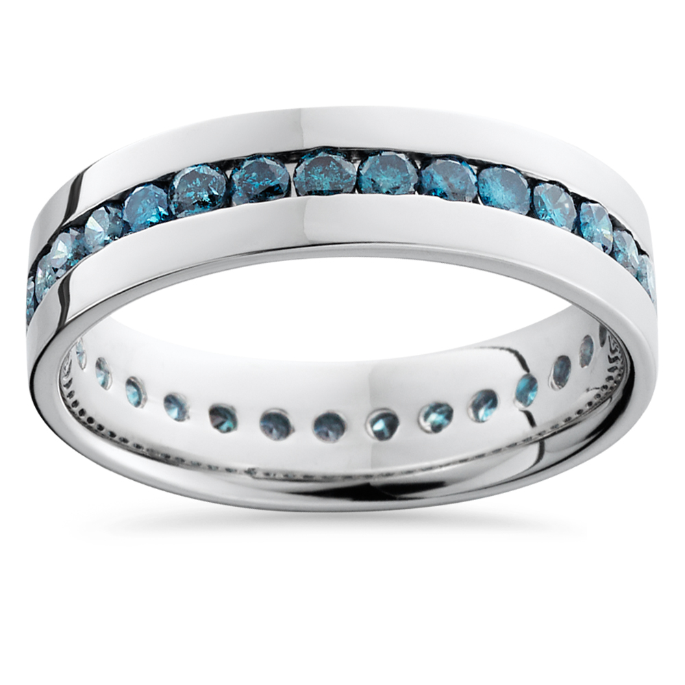 Men's 1.10CT Blue Diamond Eternity Ring 14K White Gold