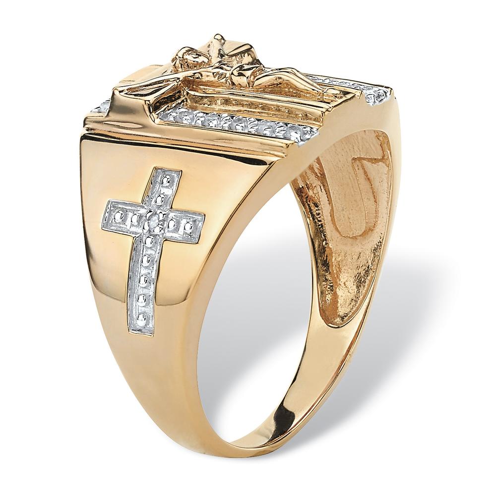 Men's 1/10 TCW Round Diamond Crucifix and Cross Ring in 18k Gold over Sterling Silver