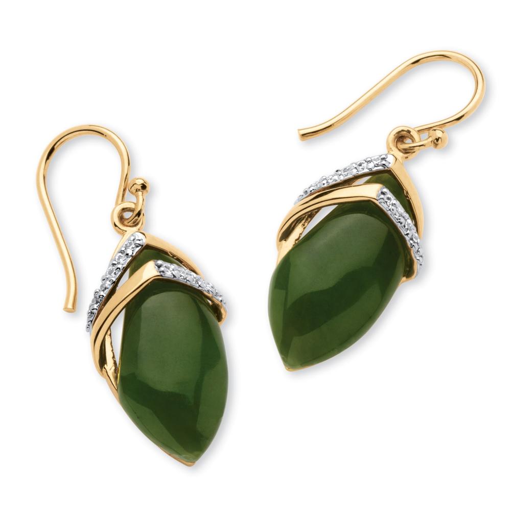Marquise-Shaped Jade Cabochon Drop Earrings with Cubic Zirconia Accents 18k Gold-Plated