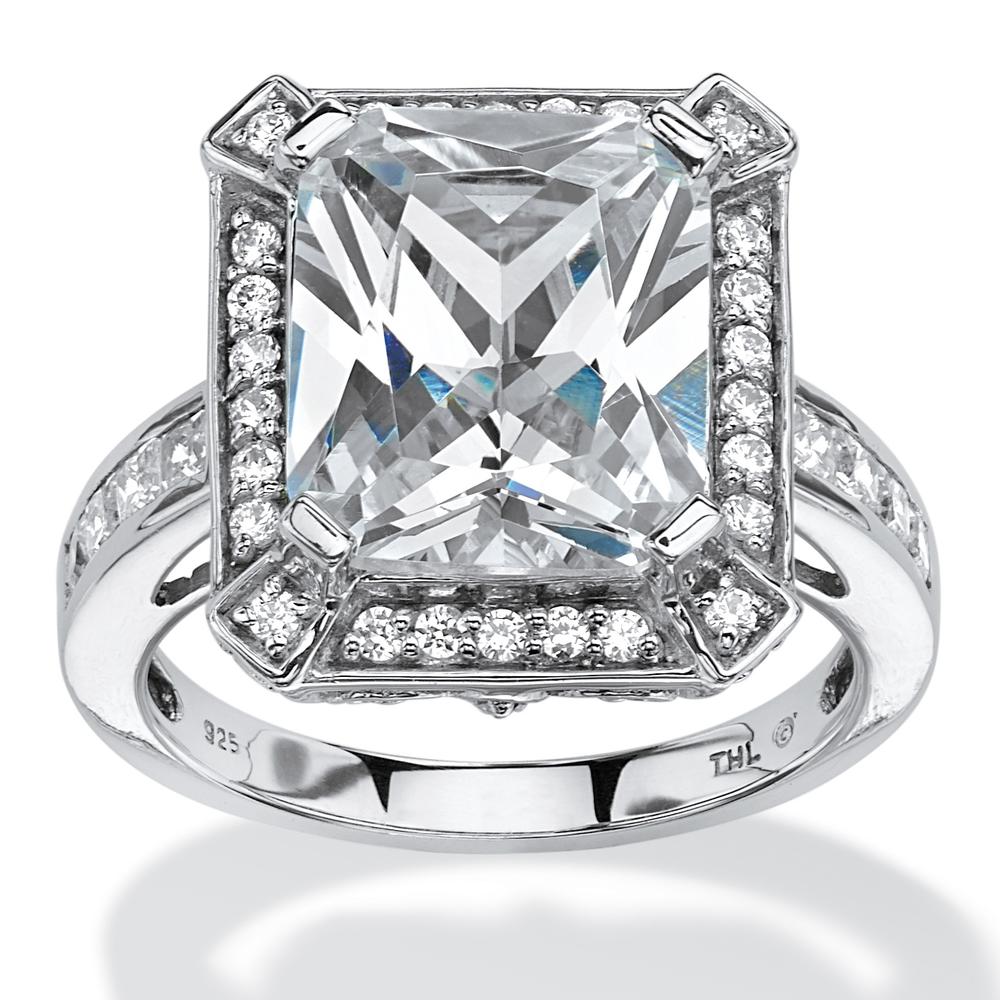 5.52 TCW Emerald-Cut Cubic Zirconia Halo Ring in Platinum over Sterling Silver