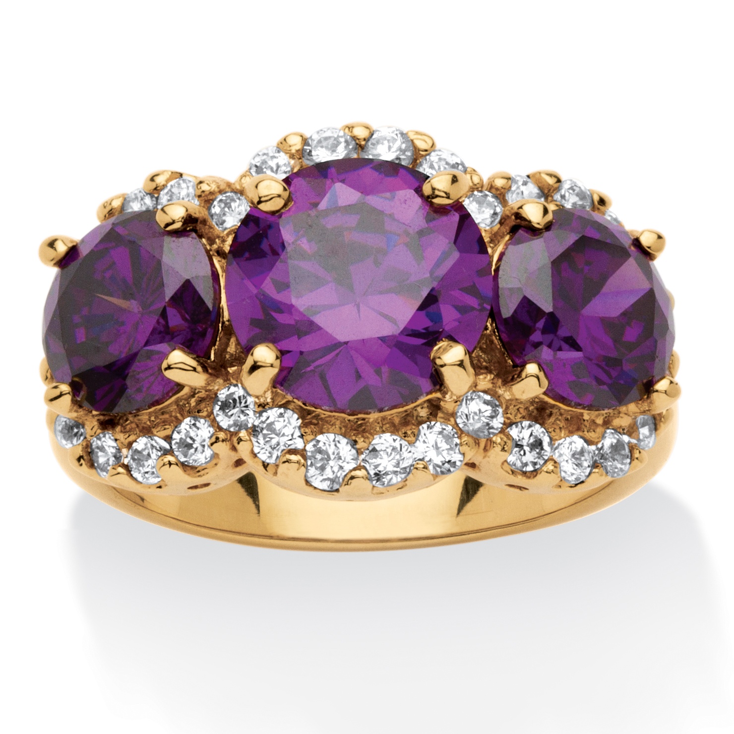 6.74 TCW 3-Stone Round Purple Cubic Zirconia Ring 18k Gold-Plated