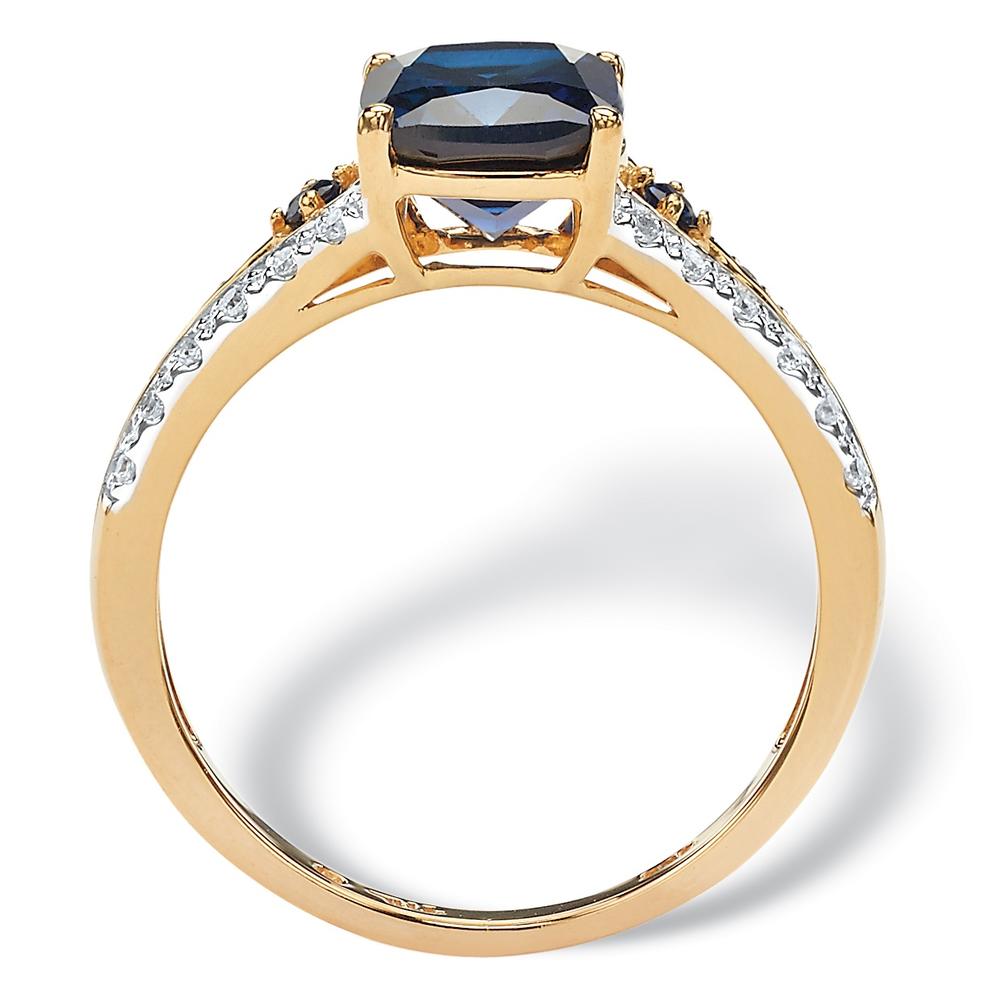 2.01 TCW Cushion-Cut Lab Created Blue Sapphire and CZ Ring in 18k Yellow Gold over Sterling Silver