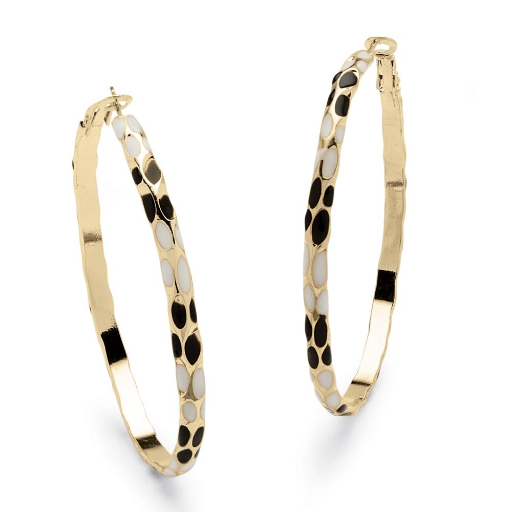 Black and White Enamel Spotted Hoop Earrings in Yellow Gold Tone