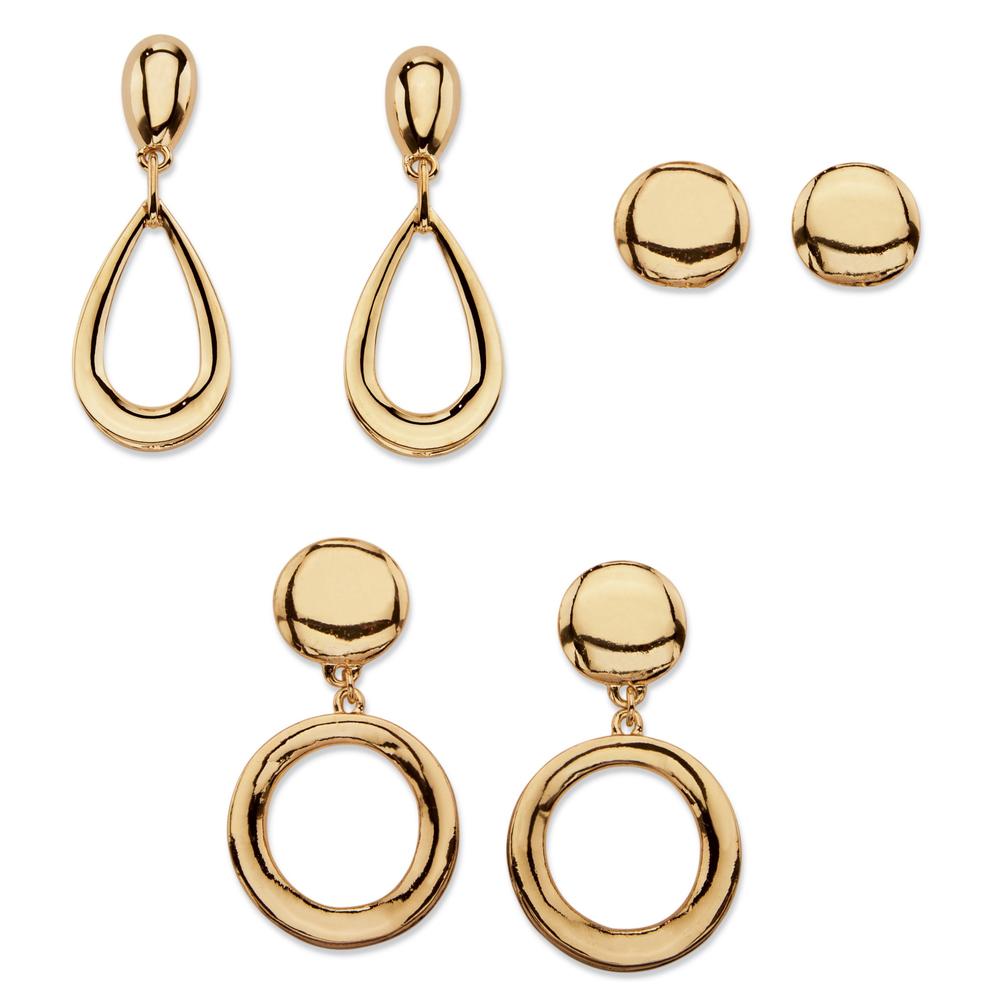 PalmBeach Jewelry Polished Three-Pair Tailored Stud and Drop Earrings Set in Gold Tone