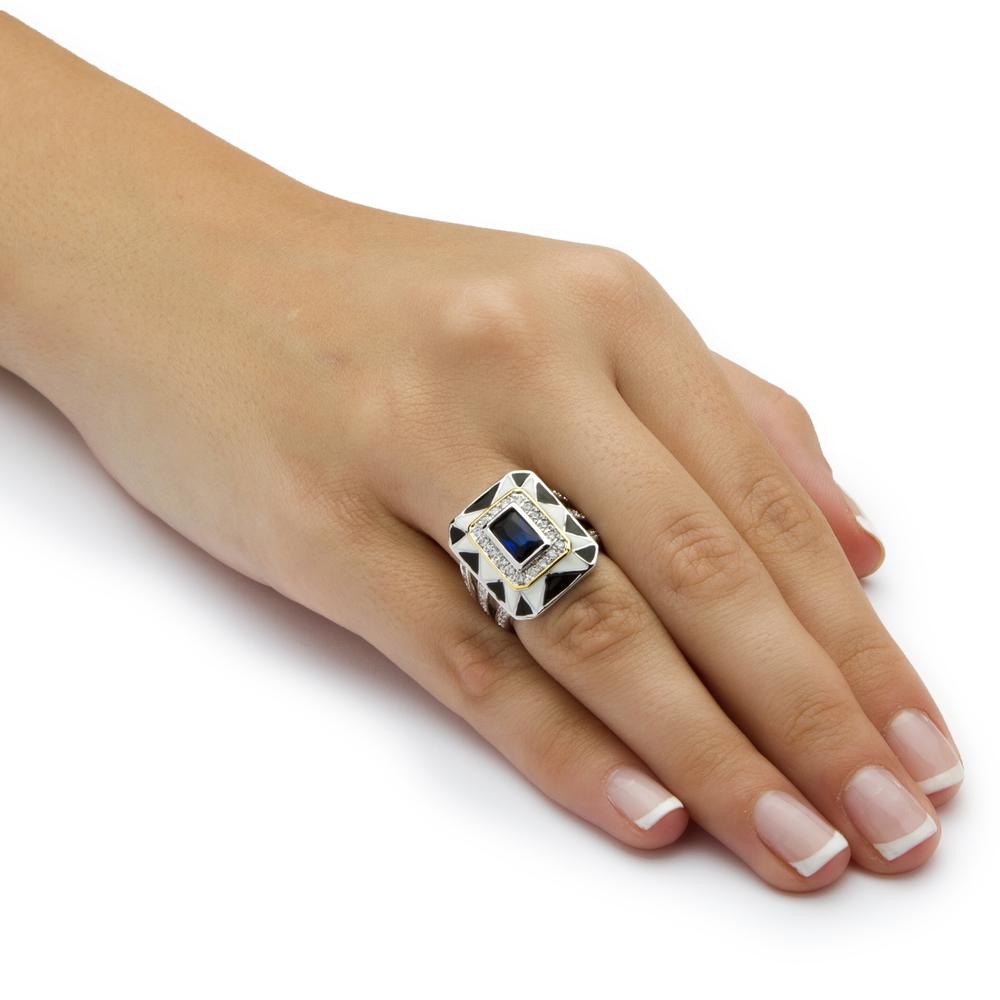 .88 TCW Emerald-Cut Blue Crystal and Black and White Enamel Art Deco-Style Ring in Silvertone