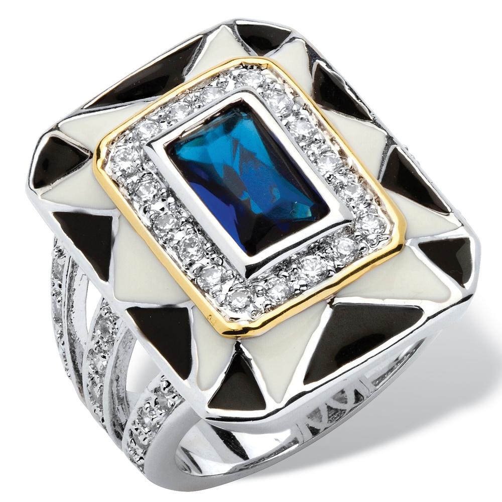 .88 TCW Emerald-Cut Blue Crystal and Black and White Enamel Art Deco-Style Ring in Silvertone