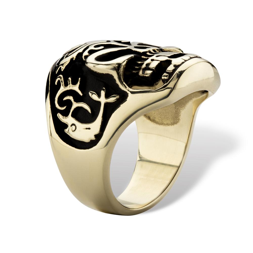 Men's Two-Tone Gold Ion-Plated Tribal Skull Ring in Antiqued Stainless Steel