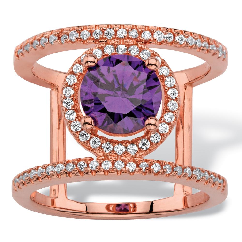 2.48 TCW Round Simulated Purple Amethyst and Cubic Zirconia Rose Gold-Plated Halo Bar Cocktail Ring