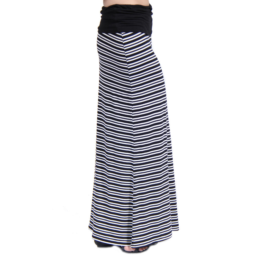 24&#47;7 Comfort Apparel Women's Black&White Stripe Print Fold-Over Maxi Skirt