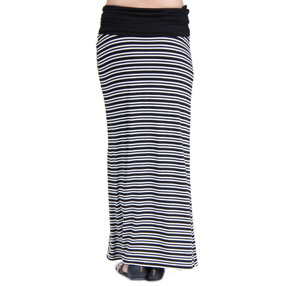 24&#47;7 Comfort Apparel Women's Black&White Stripe Print Fold-Over Maxi Skirt