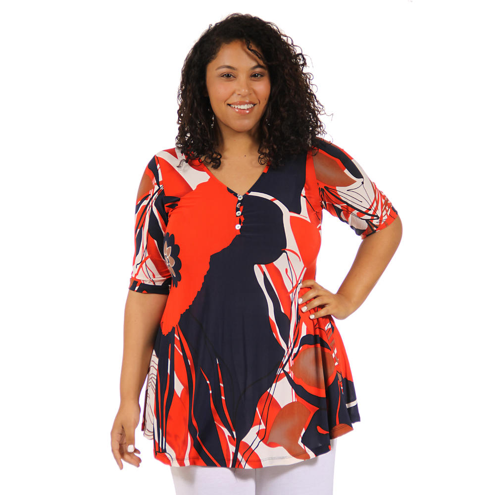24&#47;7 Comfort Apparel Women's Plus Size Abstract Print Henley Tunic