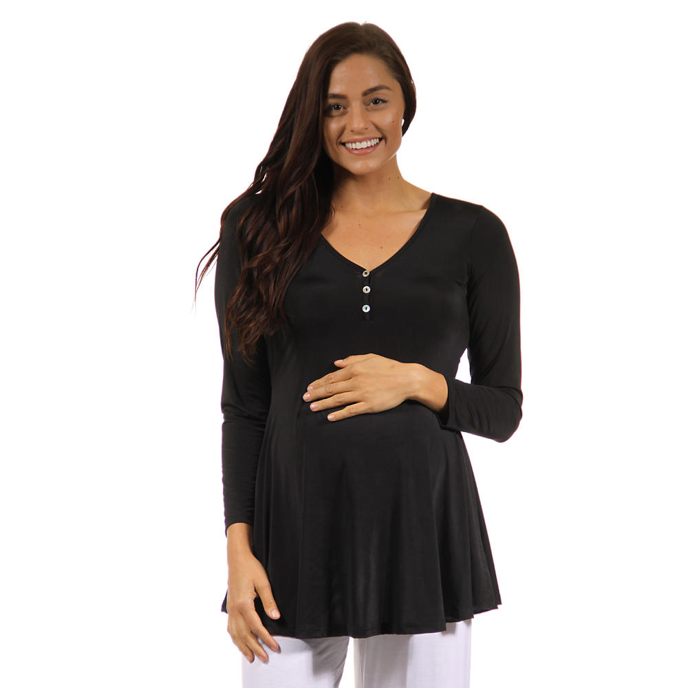 24&#47;7 Comfort Apparel Women's Long Sleeve Three Button Maternity Henley Tunic Top