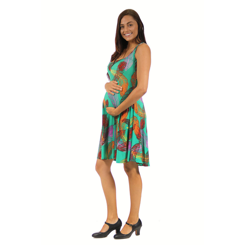 24&#47;7 Comfort Apparel Women's Maternity Feather Print Sleeveless Tank Dress