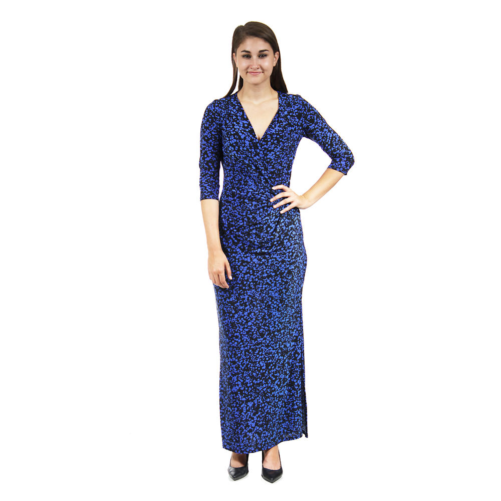 24&#47;7 Comfort Apparel Women's Blue Polka Dot Printed Wrap Dress